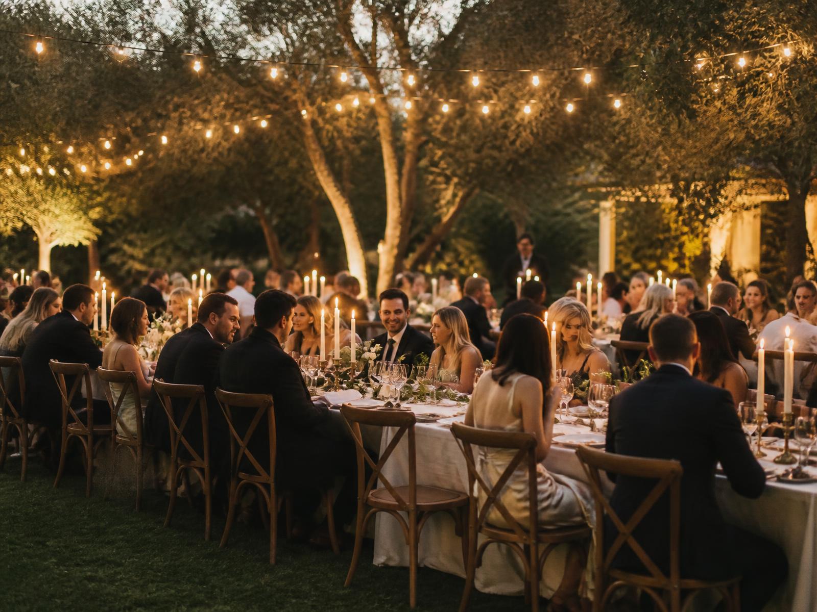 Lawn reception dinner under warm string lights at dusk