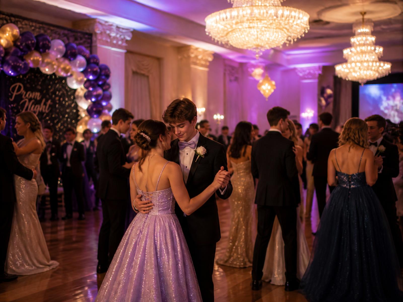 Students dancing at prom beneath chandeliers and uplighting