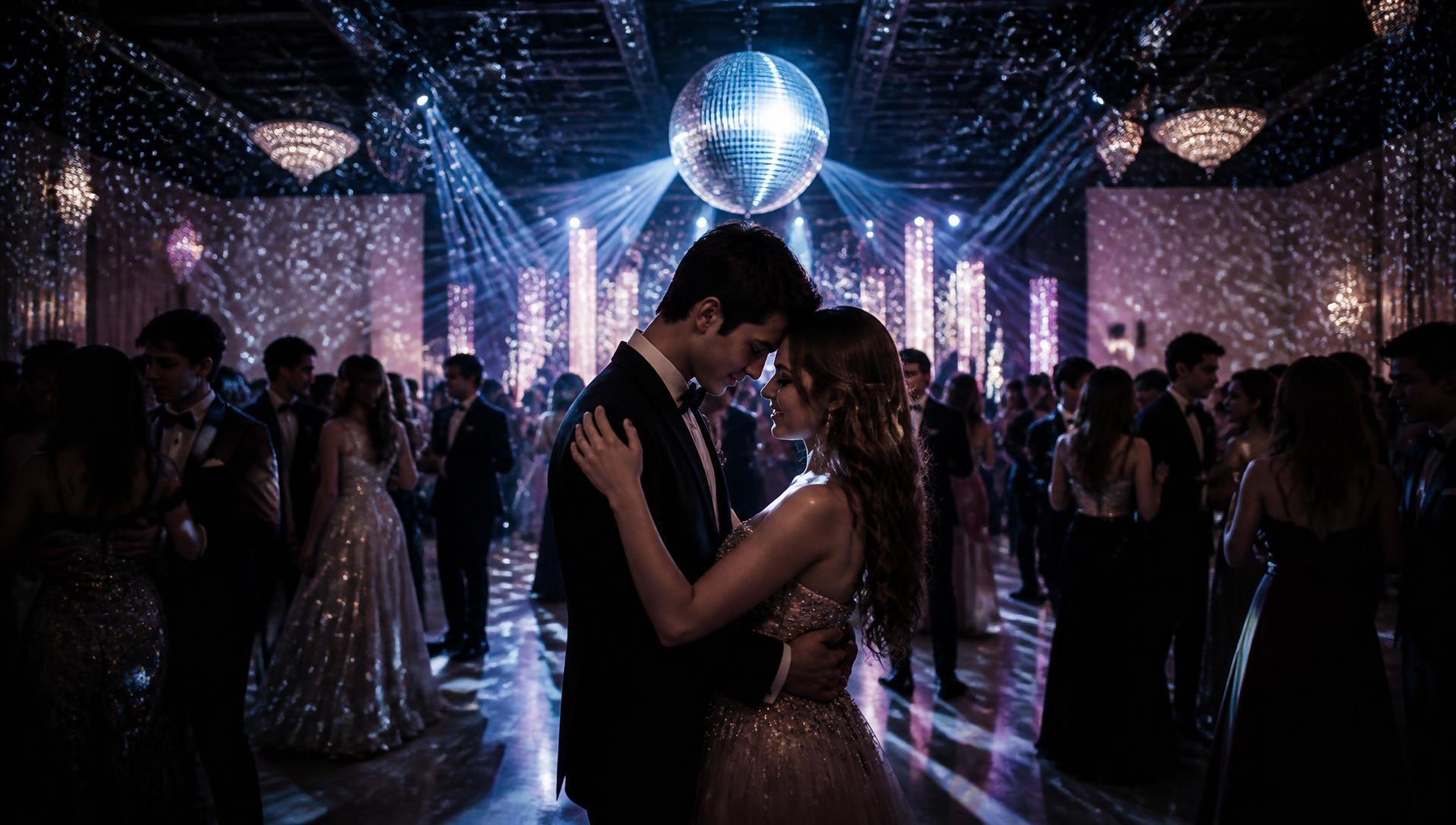 Students dancing under warm lighting at a prom night