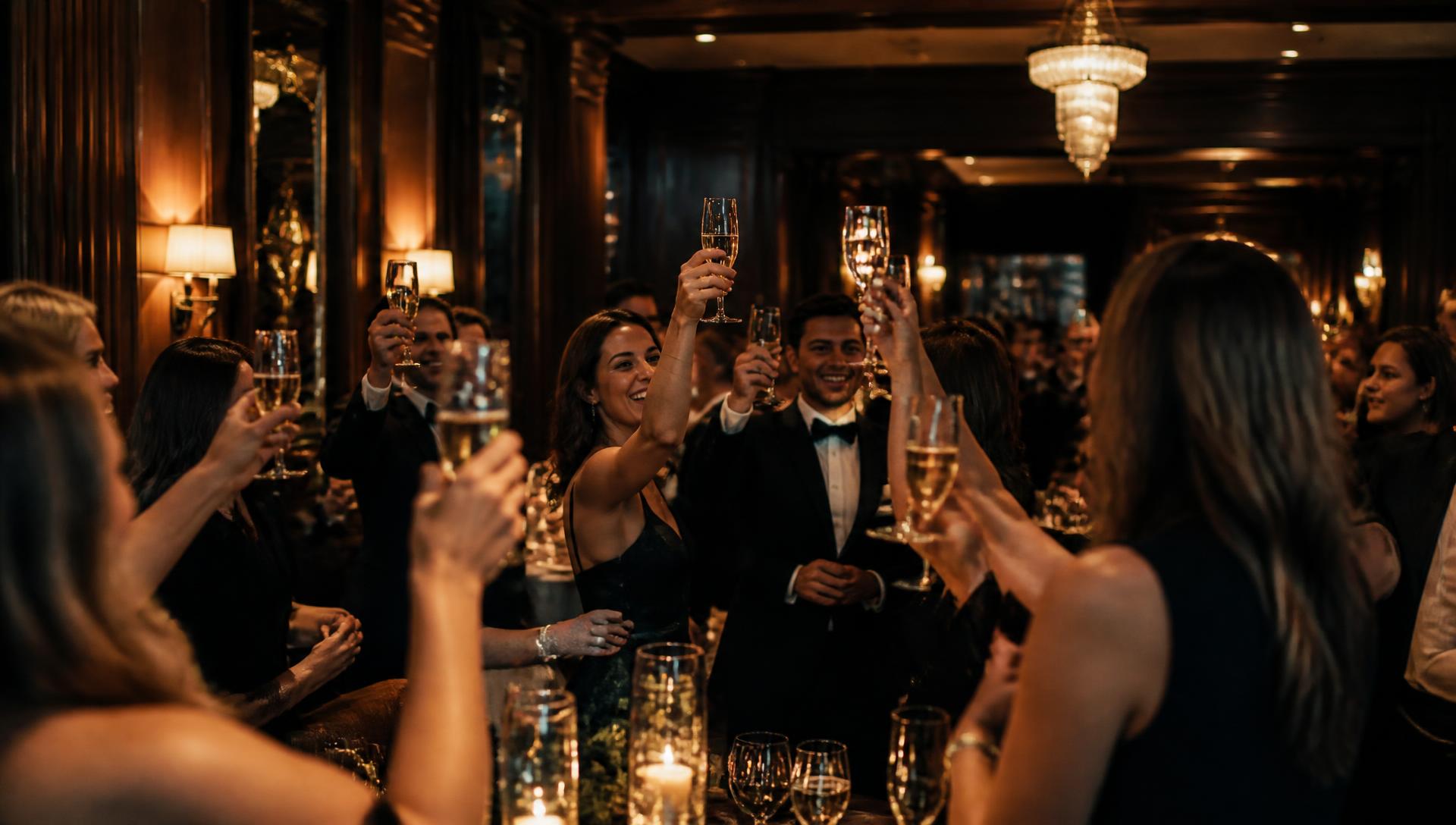 Guests toasting at a social celebration in the hall