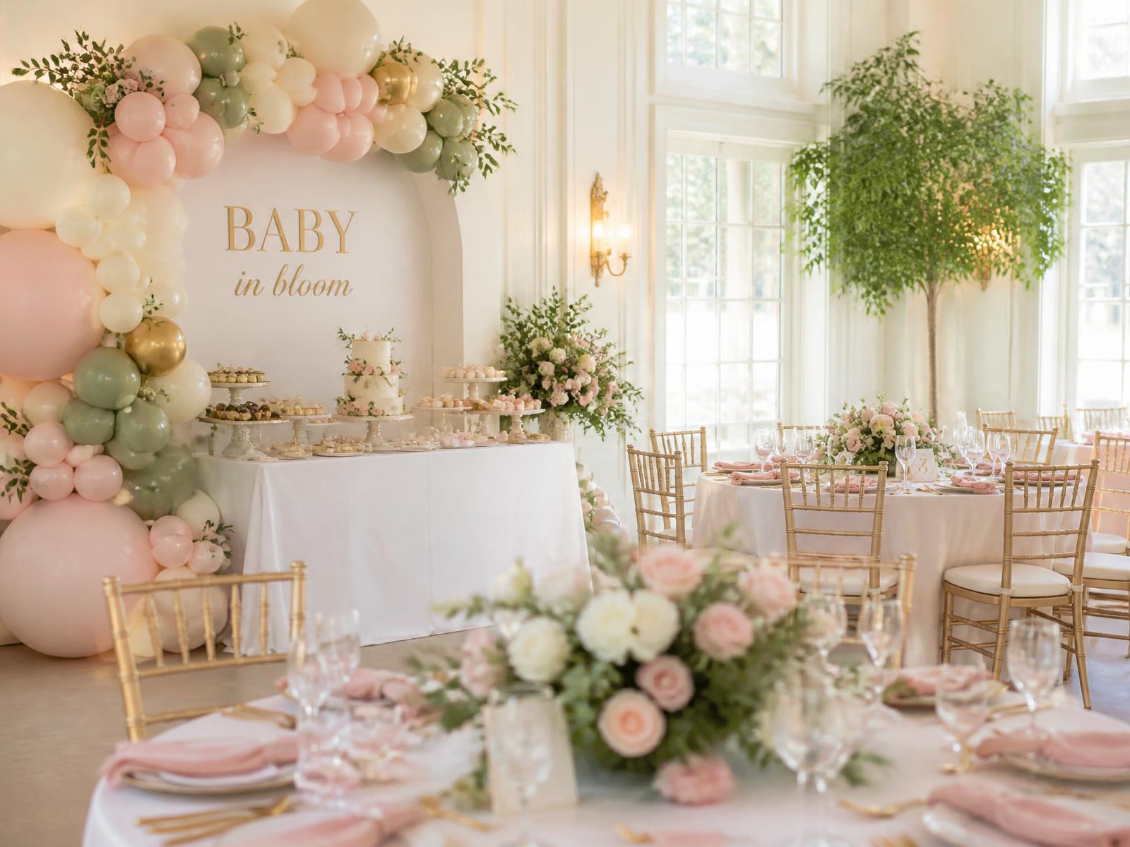 Bridal shower styling with pastel florals and a dessert table