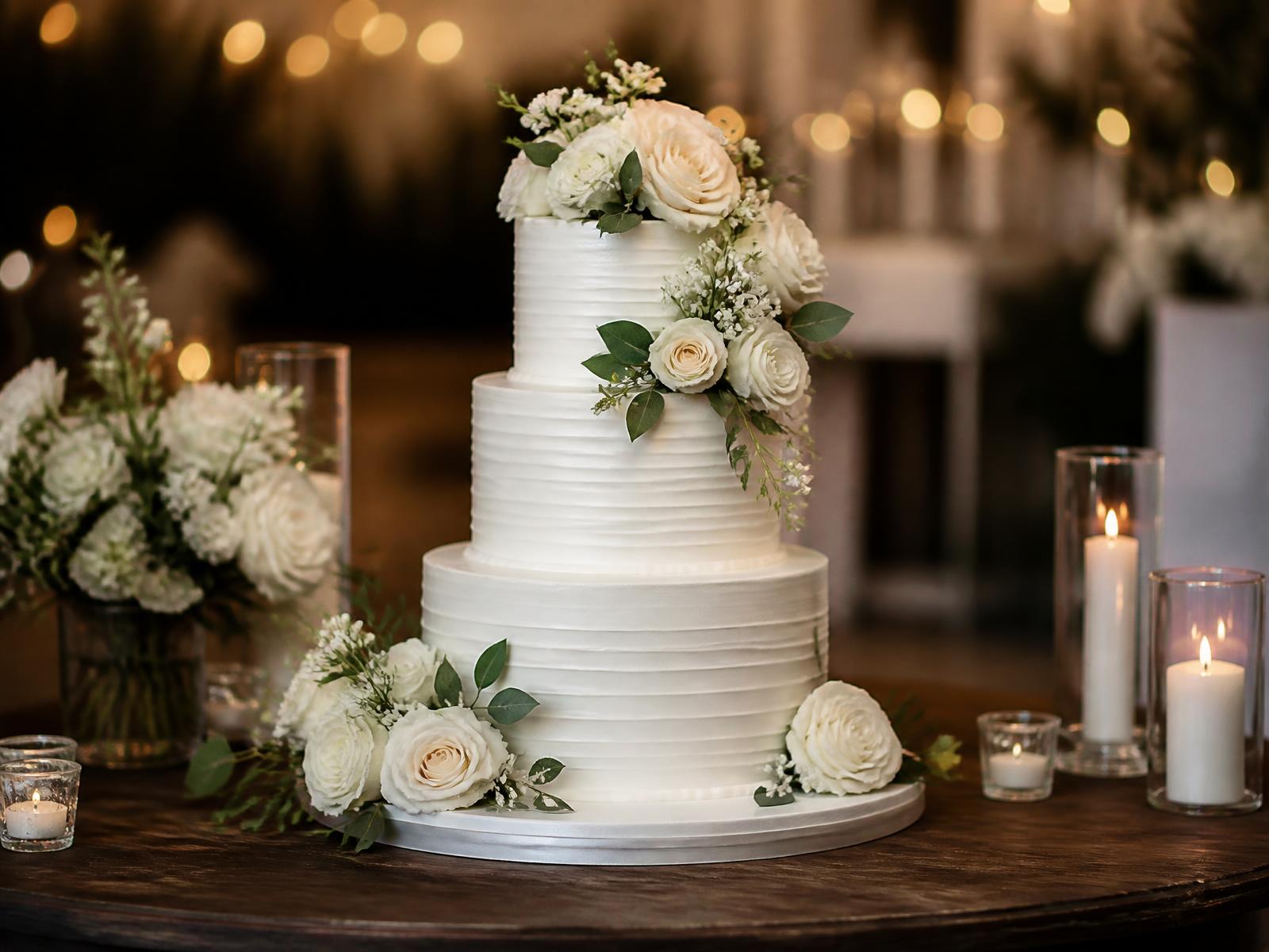 Tiered wedding cake with fresh florals